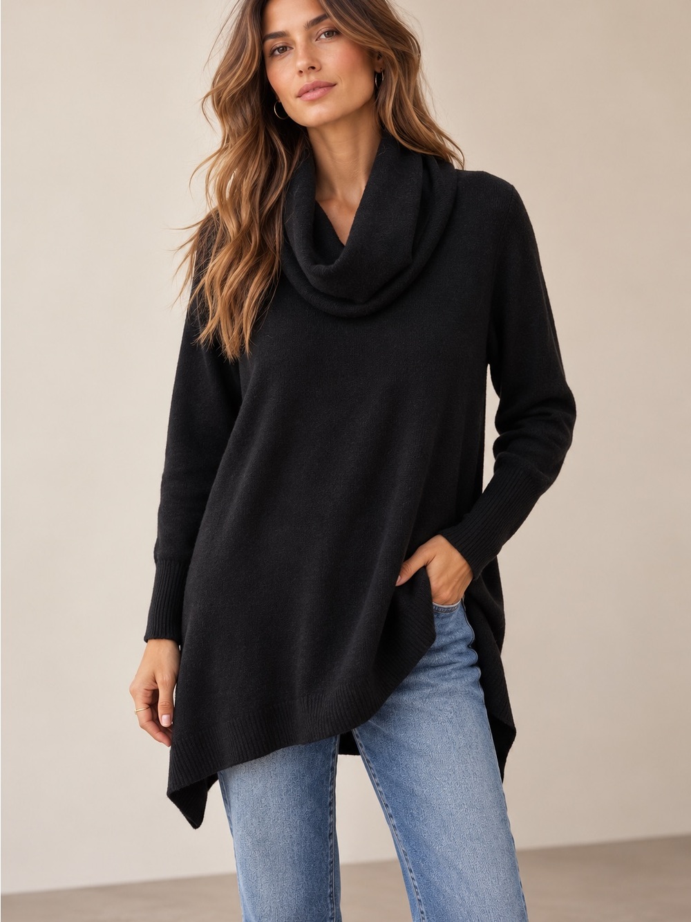 Bloomingdale’s Cashmere 100% 2-Ply Black Cowl Neck Tunic Sweater Size L